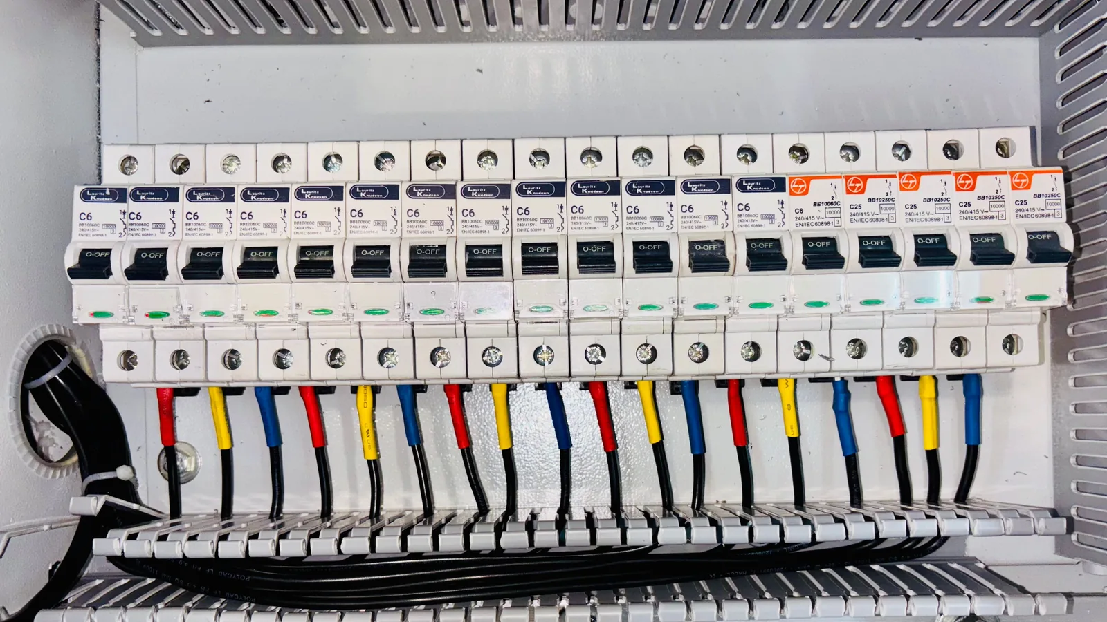 Circuit breakers and cables inside an electrical panel